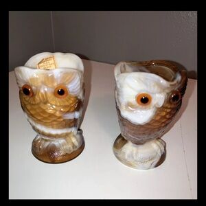 Vtg imperial odlen end o’ day Caramel slag satin glass Owl creamer sugar bowl